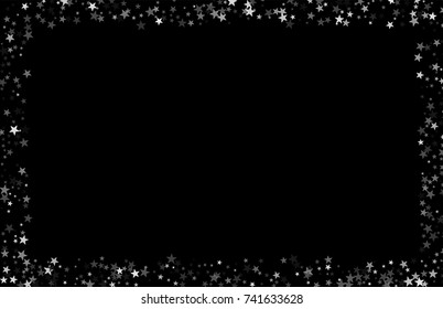 Silver falling confetti stars. Luxury festive background. Silver abstract texture on a black background. Element of design. Vector illustration, EPS 10.