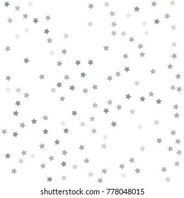 Silver falling confetti stars. Luxury festive background. Silver abstract texture on a white background. Element of design. Vector illustration, EPS 10.