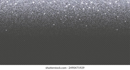 Silver falling glitter, shiny confetti with glowing sparkles, shimmer spray effect, festive holiday particles isolated on a dark background. Vector illustration.