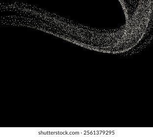 Silver falling glitter, shiny confetti with glowing sparkles, shimmer spray effect, festive holiday particles isolated on a dark background. Vector illustration, magic powder explosion.