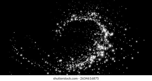 Silver falling glitter, shiny confetti with glowing sparkles, shimmer magic effect, festive holiday particles isolated on a dark background. Vector illustration.