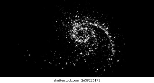 Silver falling glitter, shiny confetti with glowing sparkles, shimmer magic effect, festive holiday particles isolated on a dark background. Vector illustration.