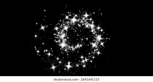 Silver falling glitter, shiny confetti with glowing sparkles, shimmer magic effect, festive holiday particles isolated on a dark background. Vector illustration.