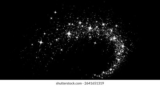 Silver falling glitter, shiny confetti with glowing sparkles, shimmer magic effect, festive holiday particles isolated on a dark background. Vector illustration.