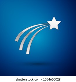 Silver Falling star icon isolated on blue background. Shooting star with star trail. Meteoroid, meteorite, comet, asteroid, star icon. Vector Illustration
