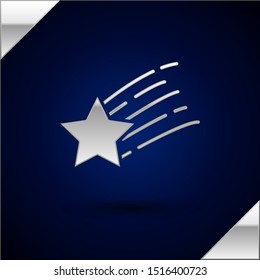 Silver Falling star icon isolated on dark blue background. Shooting star with star trail. Meteoroid, meteorite, comet, asteroid, star icon.  Vector Illustration