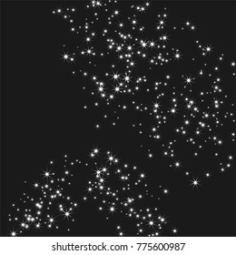 Silver falling stars of confetti. Luxury festive background. Shiny abstract stars on a black background. Element of design. Vector illustration, EPS 10.