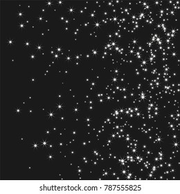 Silver falling stars of confetti. Luxury festive background. Shiny abstract stars on a black background. Element of design. Vector illustration, EPS 10.