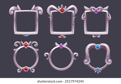 Silver fantasy medieval royal frame with gem stones for game ui design. Cartoon vector illustration set of grey metal circle and square avatar border or button with flourish deco ornament and diamonds