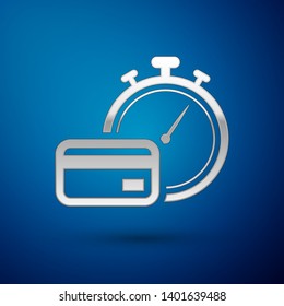 Silver Fast payments icon isolated on blue background. Fast money transfer payment. Financial services, fast loan, time is money, cash back concept. Vector Illustration