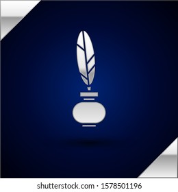 Silver Feather and inkwell icon isolated on dark blue background.  Vector Illustration