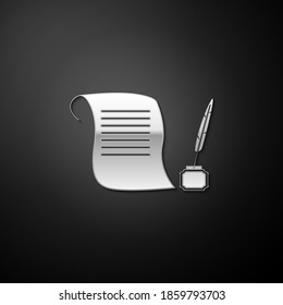 Silver Feather in the inkwell and paper scroll icon isolated on black background. Long shadow style. Vector.