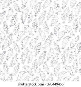 Silver feathers seamless vector pattern. Tiny hand drawn swan feathers endless texture. Boho style simple background. Monochrome texture. Shades of grey backdrop.