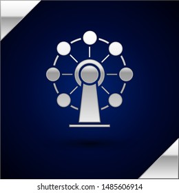 Silver Ferris wheel icon isolated on dark blue background. Amusement park. Childrens entertainment playground, recreation park.  Vector Illustration