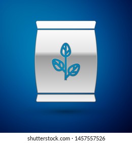 Silver Fertilizer bag icon isolated on blue background.  Vector Illustration