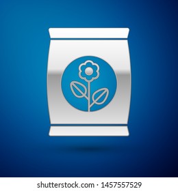 Silver Fertilizer bag icon isolated on blue background.  Vector Illustration