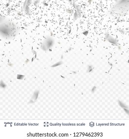 Silver festive tinsel confetti blurred in motion. Vector illustration of falling shiny confetti glitters isolated on transparent background. Holiday decorative design element.