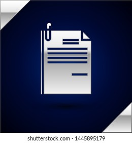 Silver File document and paper clip icon isolated on dark blue background. Checklist icon. Business concept.  Vector Illustration