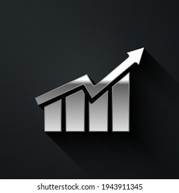 Silver Financial growth increase icon isolated on black background. Increasing revenue. Long shadow style. Vector
