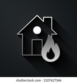 Silver Fire in burning house icon isolated on black background. Long shadow style. Vector
