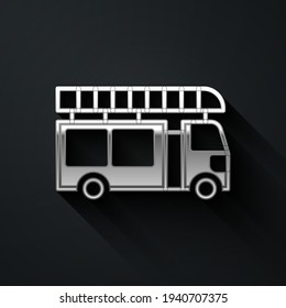 Silver Fire truck icon isolated on black background. Fire engine. Firefighters emergency vehicle. Long shadow style. Vector