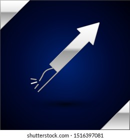 Silver Firework rocket icon isolated on dark blue background. Concept of fun party. Explosive pyrotechnic symbol.  Vector Illustration