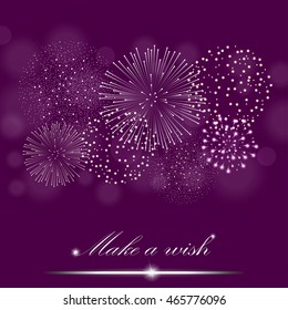 Silver firework show on ambient purple blurred background. "Make a wish" concept. Vector illustration