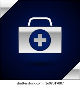 Silver First aid kit icon isolated on dark blue background. Medical box with cross. Medical equipment for emergency. Healthcare concept.  Vector Illustration