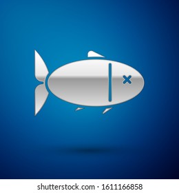 Silver Fish icon isolated on blue background.  Vector Illustration