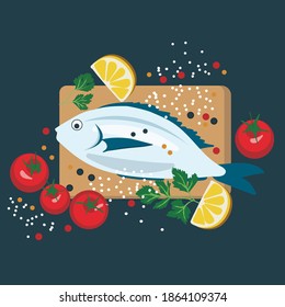 pescado plateado en una tabla de corte con tomates y limones
