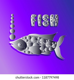Silver fish on a lilac-blue background. Vector image, emblem, poster. Design for printing on paper or textiles.