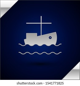 Silver Fishing boat on water icon isolated on dark blue background.  Vector Illustration