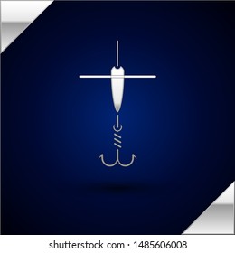 Silver Fishing hook and float icon isolated on dark blue background. Fishing tackle.  Vector Illustration