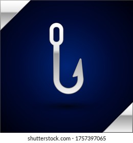 Silver Fishing hook icon isolated on dark blue background. Fishing tackle.  Vector Illustration