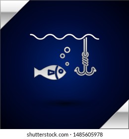 Silver Fishing hook under water with fish icon isolated on dark blue background. Fishing tackle.  Vector Illustration