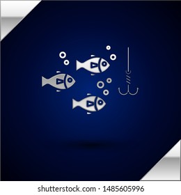 Silver Fishing hook under water with fish icon isolated on dark blue background. Fishing tackle.  Vector Illustration