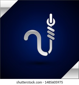 Silver Fishing hook and worm icon isolated on dark blue background. Fishing tackle.  Vector Illustration