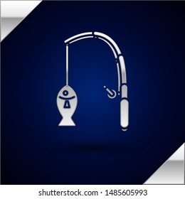 Silver Fishing rod and fish icon isolated on dark blue background. Fishing equipment and fish farming topics.  Vector Illustration