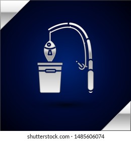 Silver Fishing rod and fish icon isolated on dark blue background. Put fish into a bucket. Fishing equipment and fish farming topics.  Vector Illustrationn