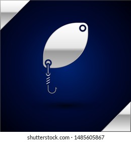 Silver Fishing spoon icon isolated on dark blue background. Fishing baits in shape of fish. Fishing tackle.  Vector Illustration
