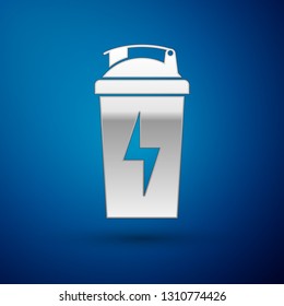 Silver Fitness shaker icon isolated on blue background. Sports shaker bottle with lid for water and protein cocktails. Vector Illustration