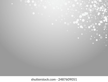 Silver Flake Vector Grey Background. White Xmas Stars Card. Christmas Dots Banner. Magic Snowflake Backdrop.