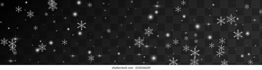 Silver Flake Vector Panoramic Transparent Background. White Subtle Confetti Card. Festive Snowflake Backdrop. Xmas Stars Postcard.