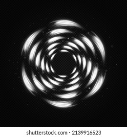A silver flash flies in a circle in a luminous ring. Abstract glittering swirl. Flare trail with glitter dust, white fairy dust.
