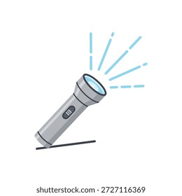 A silver flashlight with a black button is angled and emitting bright blue light beams against a white background.