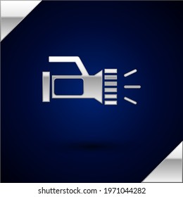 Silver Flashlight for diver icon isolated on dark blue background. Diving underwater equipment.  Vector