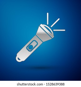 Silver Flashlight icon isolated on blue background.  Vector Illustration