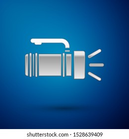 Silver Flashlight icon isolated on blue background. Tourist flashlight handle.  Vector Illustration