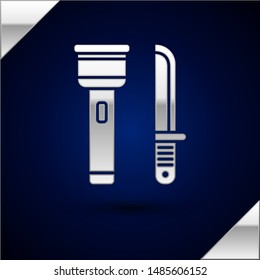 Silver Flashlight and knife icon isolated on dark blue background.  Vector Illustration