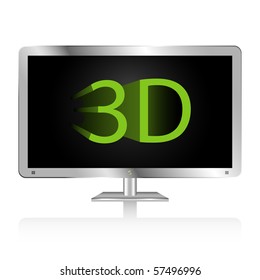 Silver flat wide screen display featuring 3D technology.